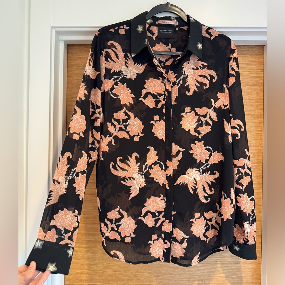 Scotch & Soda Sheer Black and Pink Floral Shirt